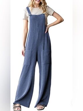 Women's Casual Jumpsuits Ribbed Front Pockets Loose Overalls One Piece